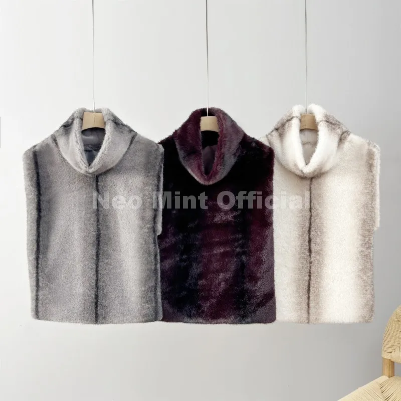 Neo Mint Eco Mink Fur Tank Top Sleeveless Jacket Coat Women 2025 Brand Fashion Faux Fur Sable Vest Crop Autumn Winter Turtleneck
