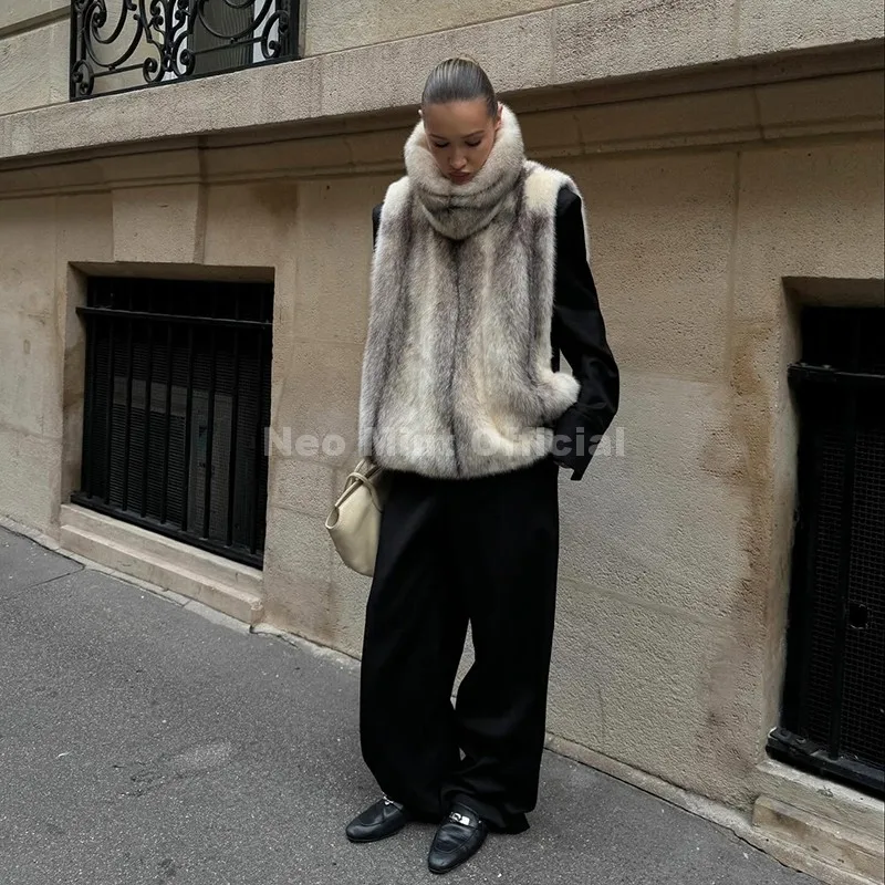 Neo Mint Eco Mink Fur Tank Top Sleeveless Jacket Coat Women 2025 Brand Fashion Faux Fur Sable Vest Crop Autumn Winter Turtleneck