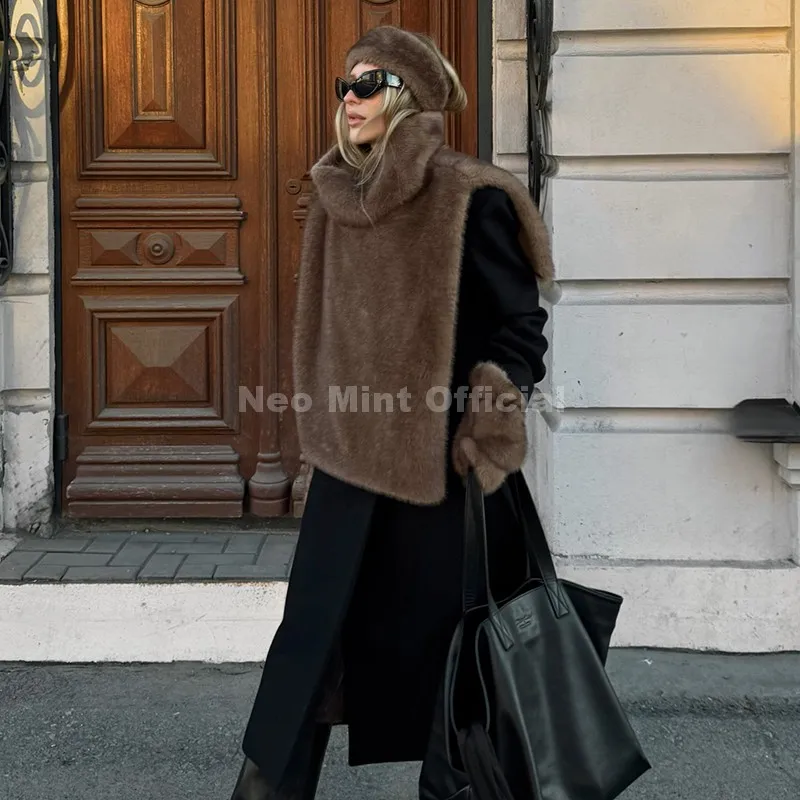 Neo Mint Eco Mink Fur Tank Top Sleeveless Jacket Coat Women 2025 Brand Fashion Faux Fur Sable Vest Crop Autumn Winter Turtleneck