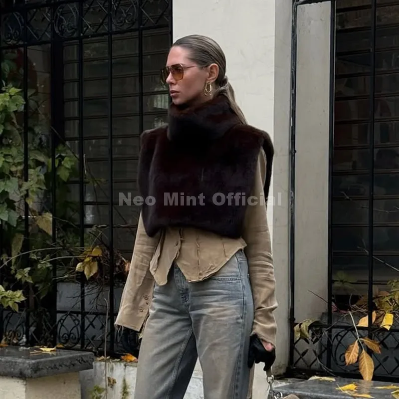 Neo Mint Eco Mink Fur Tank Top Sleeveless Jacket Coat Women 2025 Brand Fashion Faux Fur Sable Vest Crop Autumn Winter Turtleneck