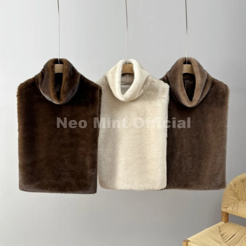 Neo Mint Eco Mink Fur Tank Top Sleeveless Jacket Coat Women 2025 Brand Fashion Faux Fur Sable Vest Crop Autumn Winter Turtleneck