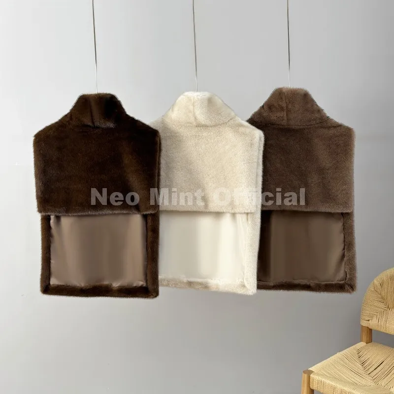 Neo Mint Eco Mink Fur Tank Top Sleeveless Jacket Coat Women 2025 Brand Fashion Faux Fur Sable Vest Crop Autumn Winter Turtleneck