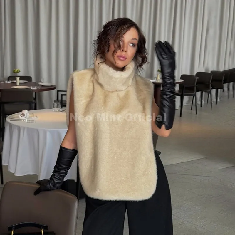 Neo Mint Eco Mink Fur Tank Top Sleeveless Jacket Coat Women 2025 Brand Fashion Faux Fur Sable Vest Crop Autumn Winter Turtleneck