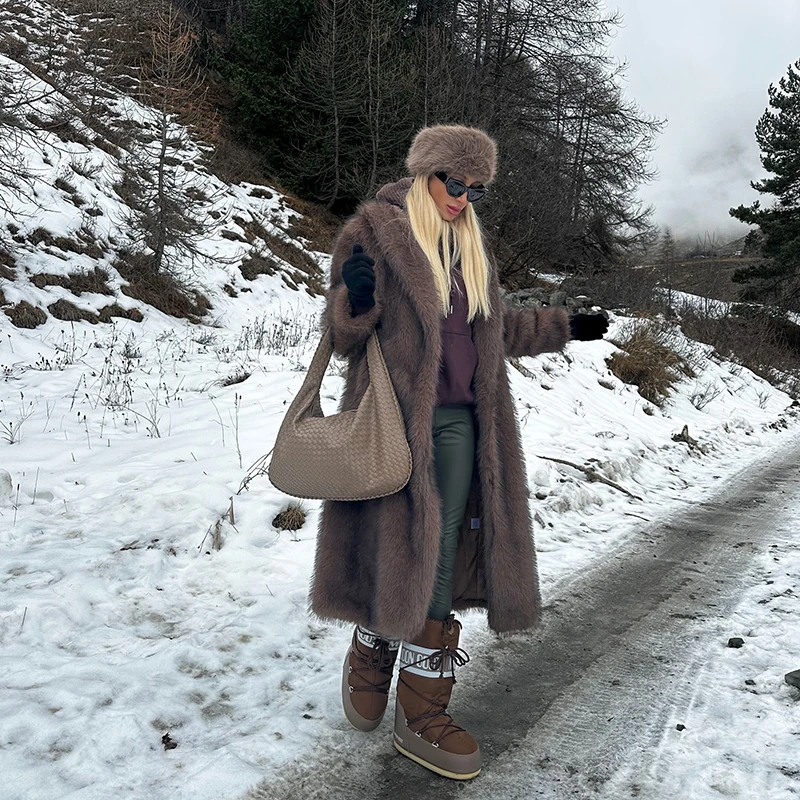 Neo Mint Vintage Luxury Long Faux Fox Fur Coat Women 2024 Winter Warm Fluffy Fur Jacket Female Street Furry Outerwear Overcoat