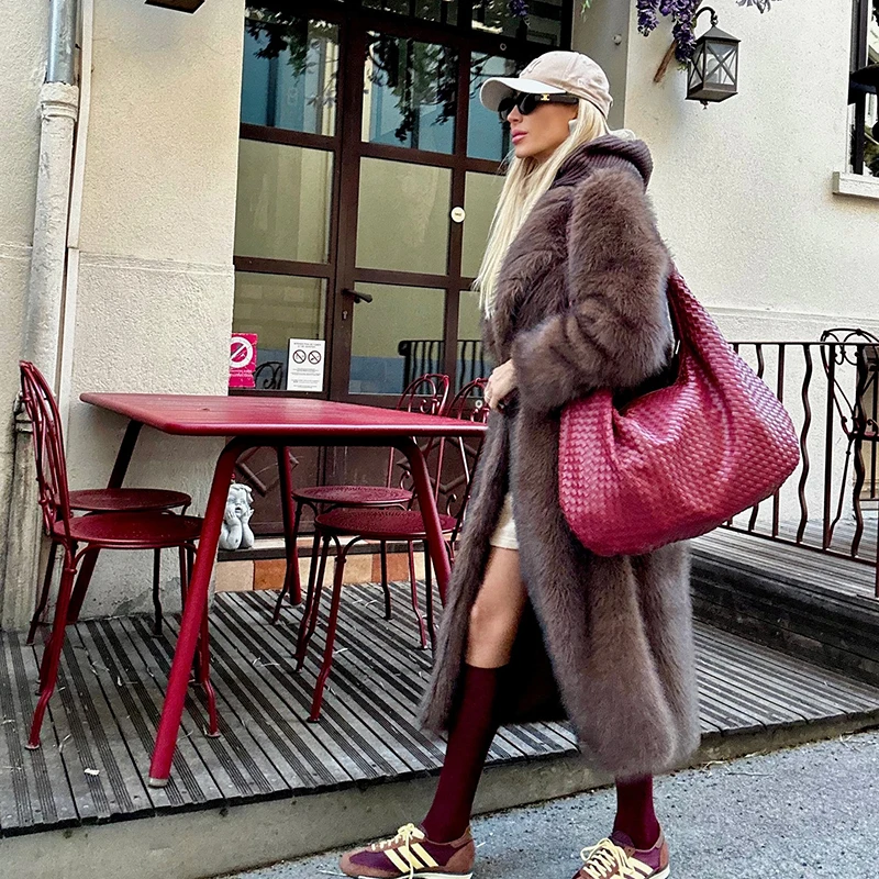 Neo Mint Vintage Luxury Long Faux Fox Fur Coat Women 2024 Winter Warm Fluffy Fur Jacket Female Street Furry Outerwear Overcoat