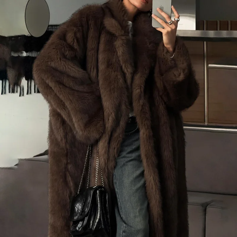 Neo Mint Vintage Luxury Long Faux Fox Fur Coat Women 2024 Winter Warm Fluffy Fur Jacket Female Street Furry Outerwear Overcoat