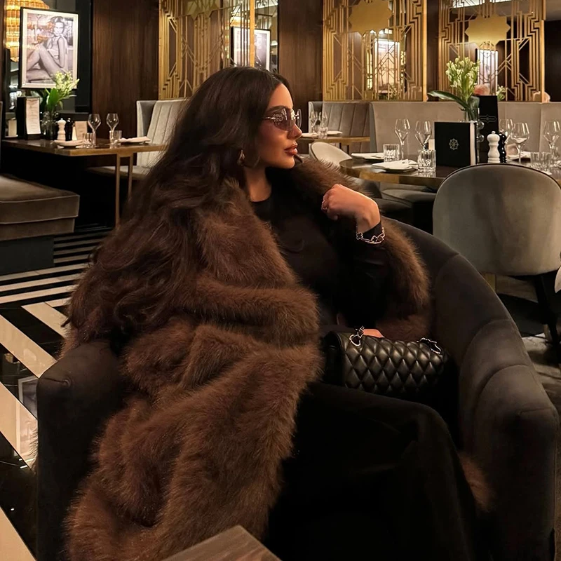 Neo Mint Vintage Luxury Long Faux Fox Fur Coat Women 2024 Winter Warm Fluffy Fur Jacket Female Street Furry Outerwear Overcoat