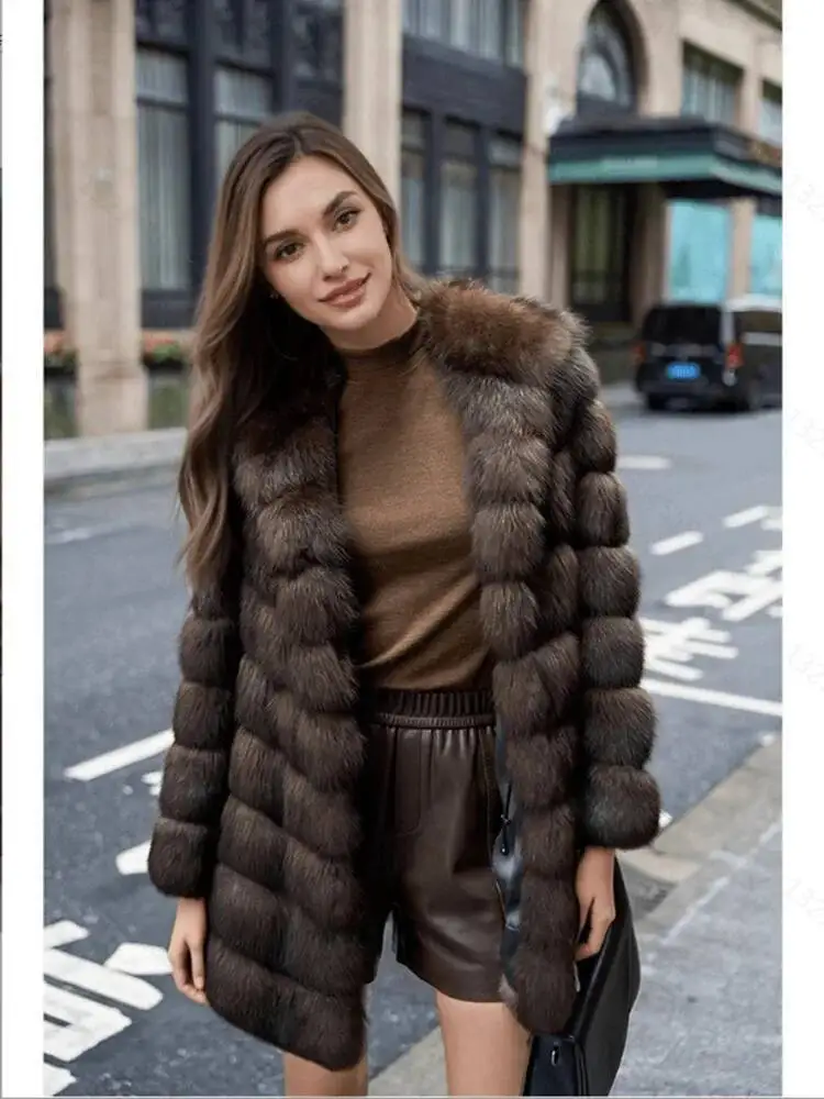 LANMREM Brown Hooded Women's Faux Mink Fur Coat Thick Autumn Winter Chic New Cardigan Mid Length Loose Warm Jackets 2DB4632