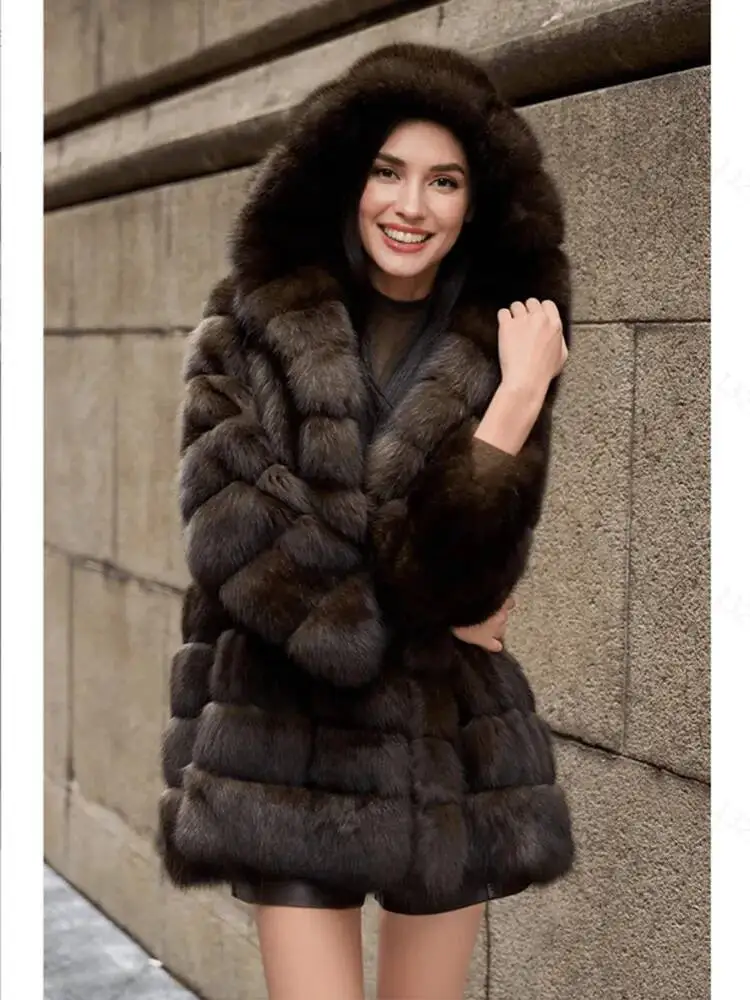 LANMREM Brown Hooded Women's Faux Mink Fur Coat Thick Autumn Winter Chic New Cardigan Mid Length Loose Warm Jackets 2DB4632