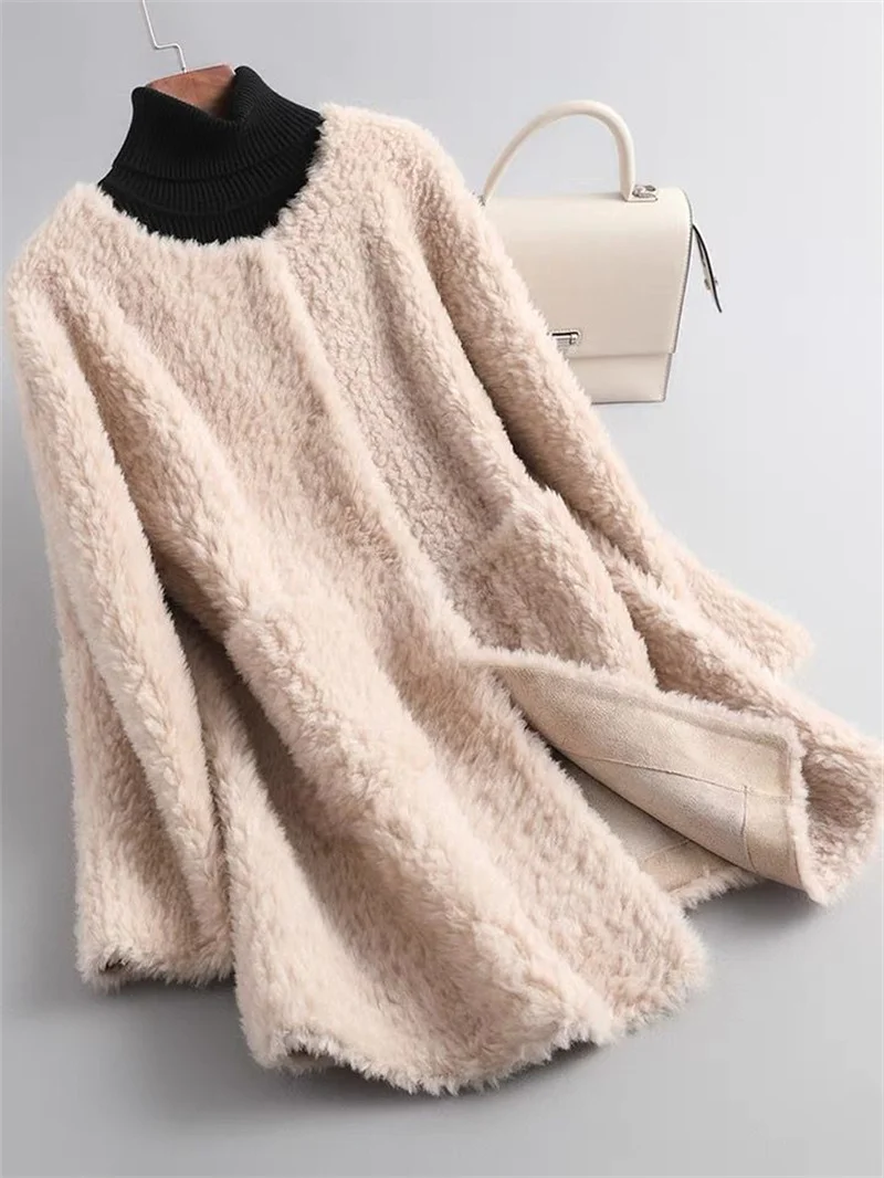 2024 Winter Women New Korean Granulated Sheep Shearling Fur Coat Cardigan Female Mid-Length Lamb Hair Faux Fur All-in-one Coat