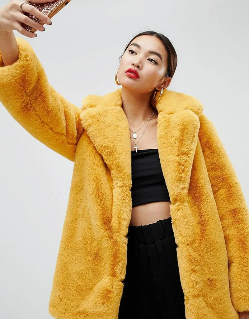 Women Winter Warm Fur Coat Fashion Turn Down Collar Flurry Fur Long Jacket New In Casual Outerwear Solid Color Lady Fur Jacket