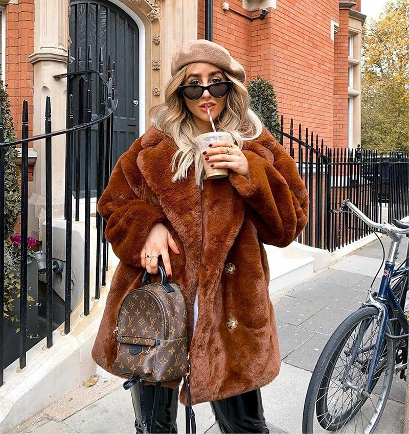Women Winter Warm Fur Coat Fashion Turn Down Collar Flurry Fur Long Jacket New In Casual Outerwear Solid Color Lady Fur Jacket