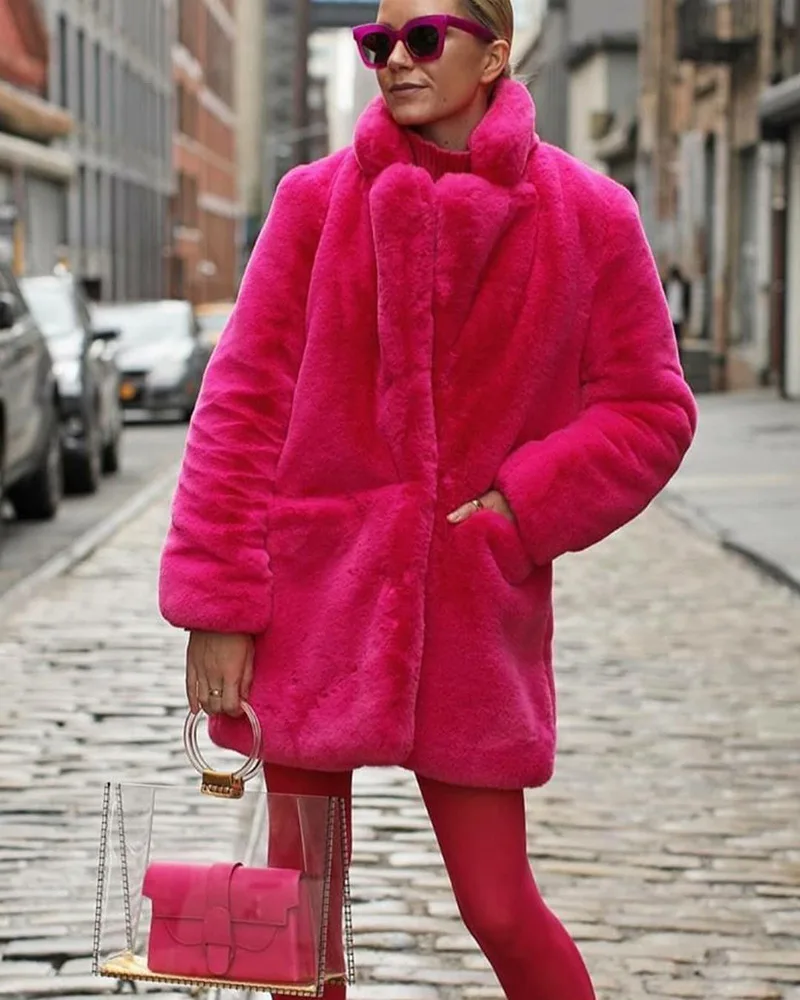 Women Winter Warm Fur Coat Fashion Turn Down Collar Flurry Fur Long Jacket New In Casual Outerwear Solid Color Lady Fur Jacket