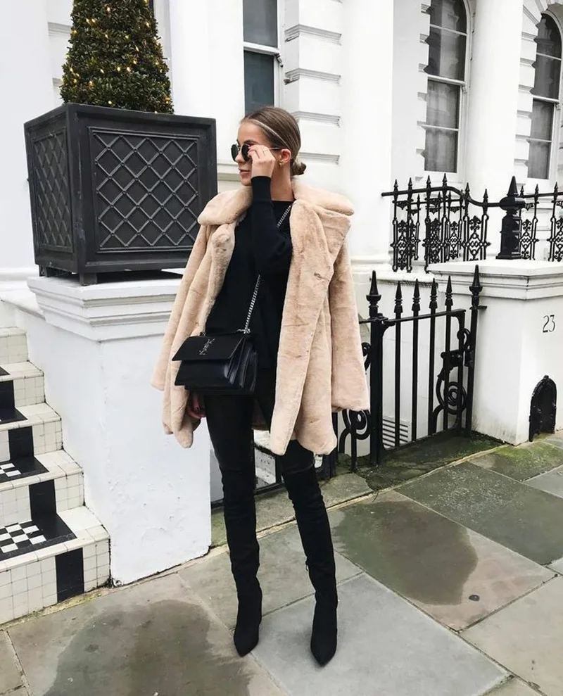 Women Winter Warm Fur Coat Fashion Turn Down Collar Flurry Fur Long Jacket New In Casual Outerwear Solid Color Lady Fur Jacket