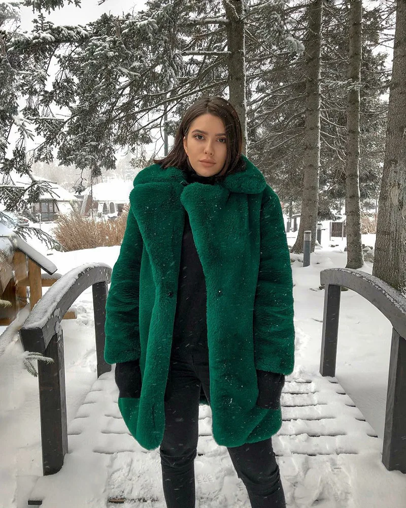 Women Winter Warm Fur Coat Fashion Turn Down Collar Flurry Fur Long Jacket New In Casual Outerwear Solid Color Lady Fur Jacket