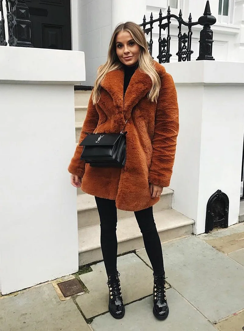 Women Winter Warm Fur Coat Fashion Turn Down Collar Flurry Fur Long Jacket New In Casual Outerwear Solid Color Lady Fur Jacket
