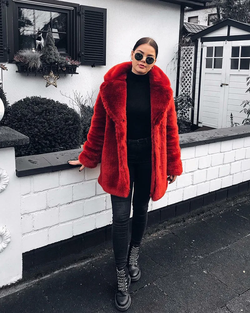 Women Winter Warm Fur Coat Fashion Turn Down Collar Flurry Fur Long Jacket New In Casual Outerwear Solid Color Lady Fur Jacket