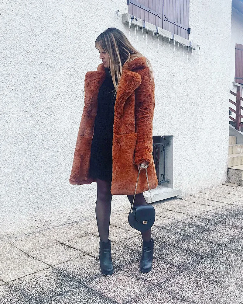 Women Winter Warm Fur Coat Fashion Turn Down Collar Flurry Fur Long Jacket New In Casual Outerwear Solid Color Lady Fur Jacket