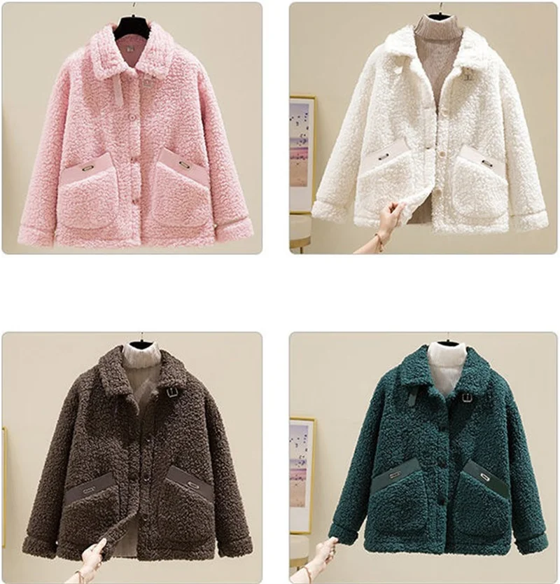 Women Winter New Loose Imitate Grain Fleece Fur One Piece Lamb Fleece Short Coat Female Warm Cardigan Thickened Lamb Fleece Coat