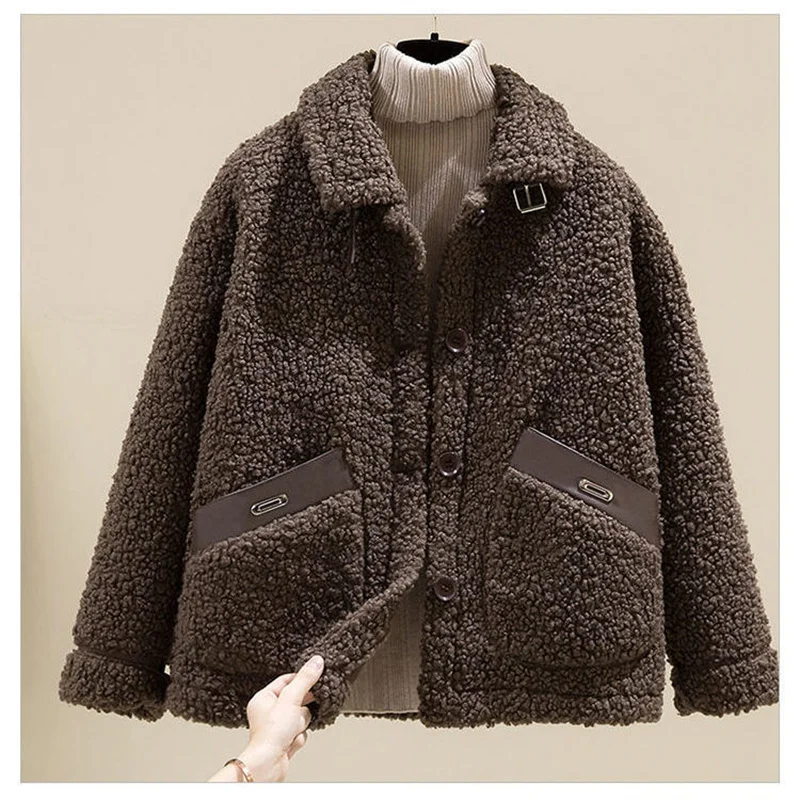 Women Winter New Loose Imitate Grain Fleece Fur One Piece Lamb Fleece Short Coat Female Warm Cardigan Thickened Lamb Fleece Coat