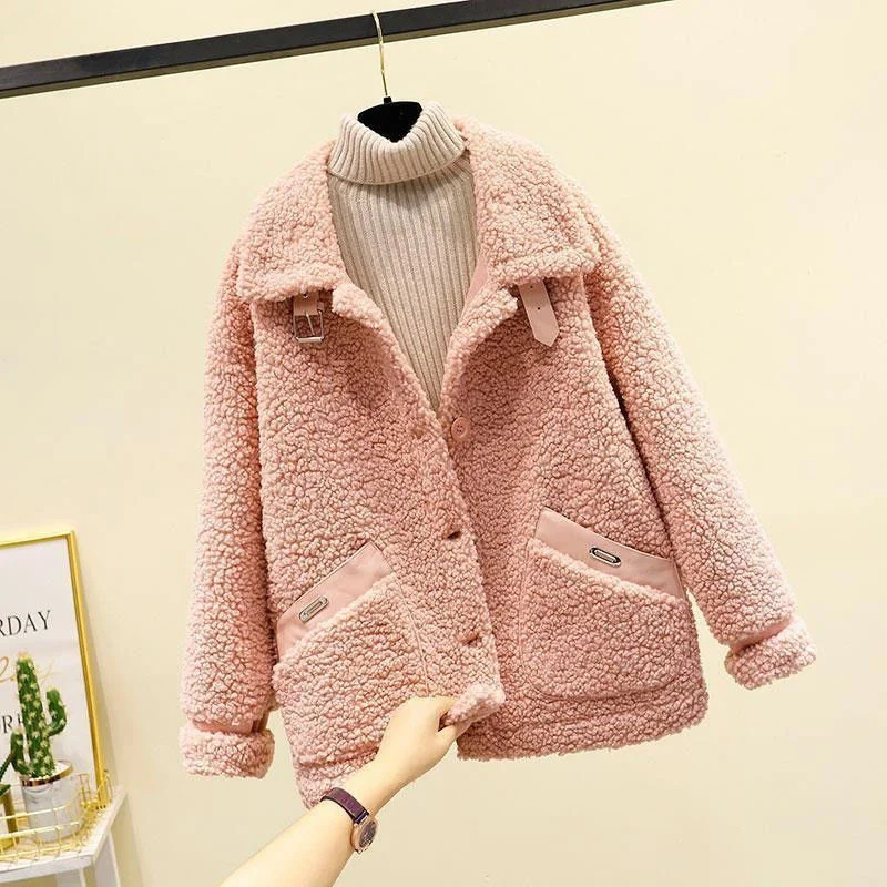 Women Winter New Loose Imitate Grain Fleece Fur One Piece Lamb Fleece Short Coat Female Warm Cardigan Thickened Lamb Fleece Coat