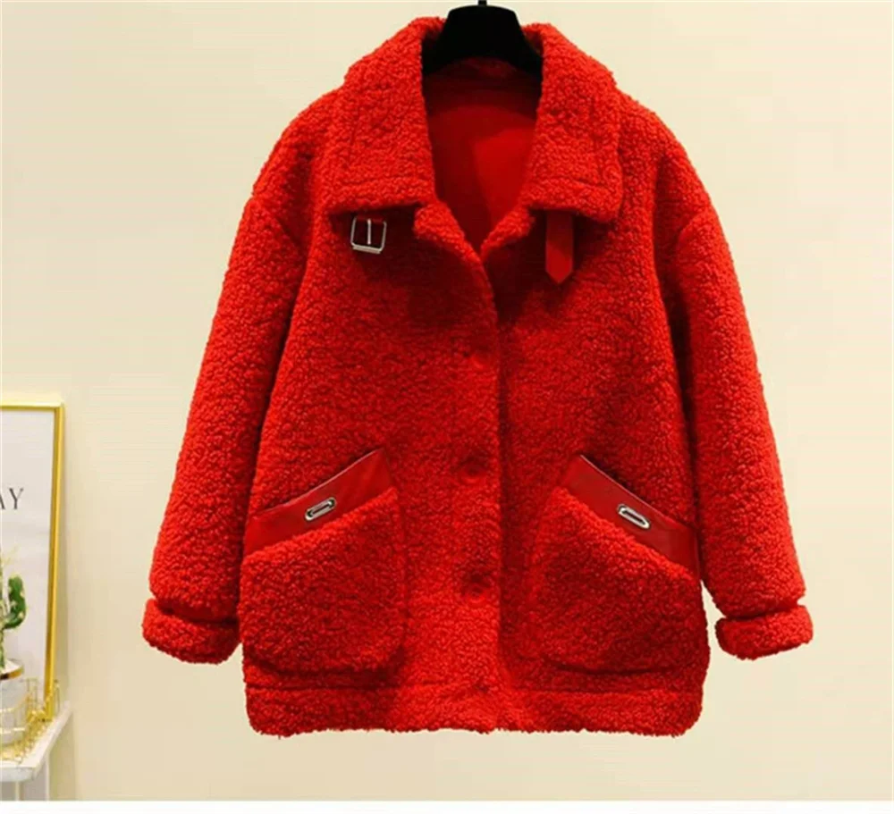 Women Winter New Loose Imitate Grain Fleece Fur One Piece Lamb Fleece Short Coat Female Warm Cardigan Thickened Lamb Fleece Coat