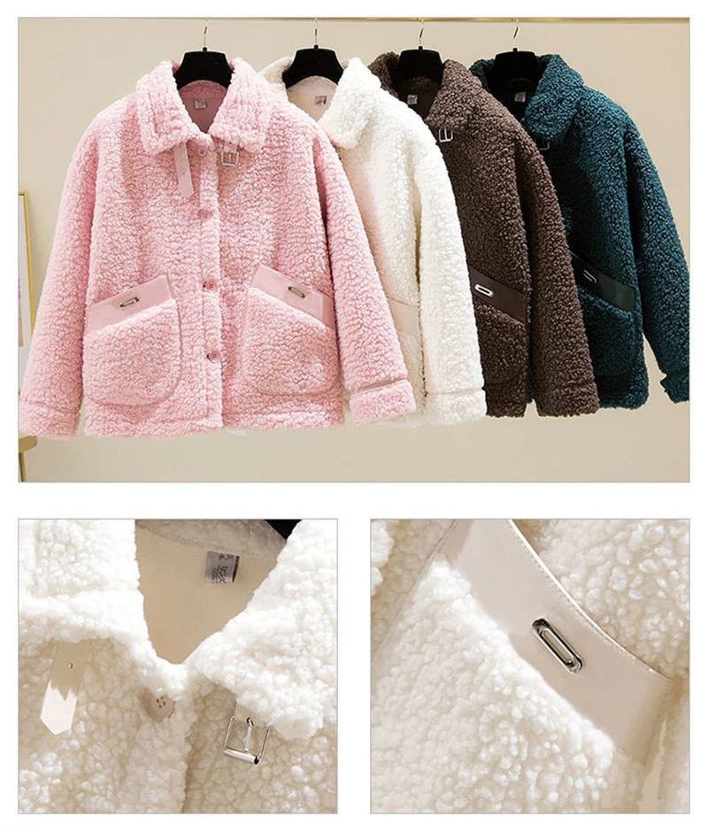 Women Winter New Loose Imitate Grain Fleece Fur One Piece Lamb Fleece Short Coat Female Warm Cardigan Thickened Lamb Fleece Coat