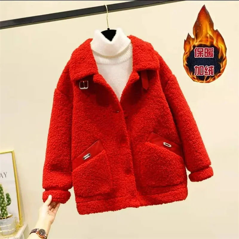 Women Winter New Loose Imitate Grain Fleece Fur One Piece Lamb Fleece Short Coat Female Warm Cardigan Thickened Lamb Fleece Coat