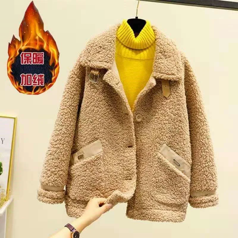 Women Winter New Loose Imitate Grain Fleece Fur One Piece Lamb Fleece Short Coat Female Warm Cardigan Thickened Lamb Fleece Coat