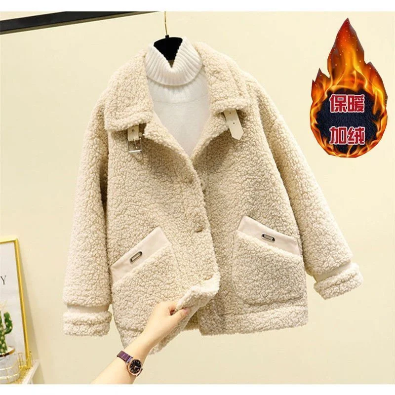 Women Winter New Loose Imitate Grain Fleece Fur One Piece Lamb Fleece Short Coat Female Warm Cardigan Thickened Lamb Fleece Coat