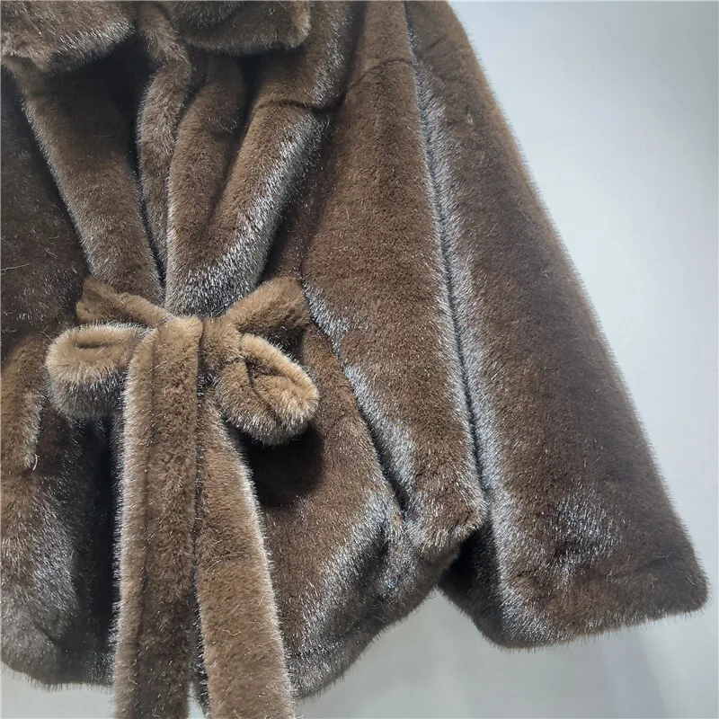 HKSH 2025 Winter New Women's Faux Fur Coat Hooded Batwing Sleeve Sashes Fashion Elegant Luxury High-end Tide Warm Jacket HK16165