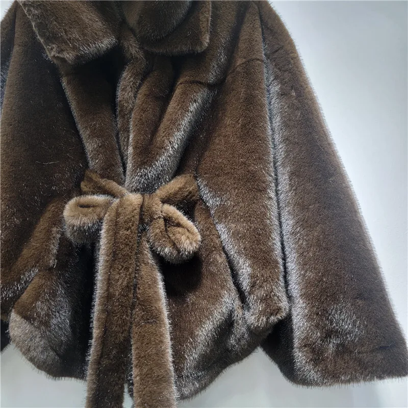 HKSH 2025 Winter New Women's Faux Fur Coat Hooded Batwing Sleeve Sashes Fashion Elegant Luxury High-end Tide Warm Jacket HK16165