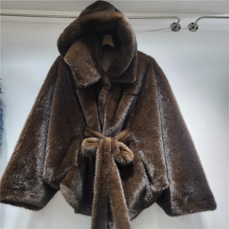 HKSH 2025 Winter New Women's Faux Fur Coat Hooded Batwing Sleeve Sashes Fashion Elegant Luxury High-end Tide Warm Jacket HK16165