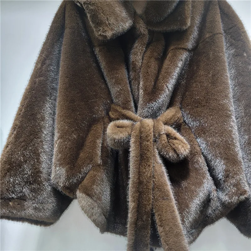 HKSH 2025 Winter New Women's Faux Fur Coat Hooded Batwing Sleeve Sashes Fashion Elegant Luxury High-end Tide Warm Jacket HK16165