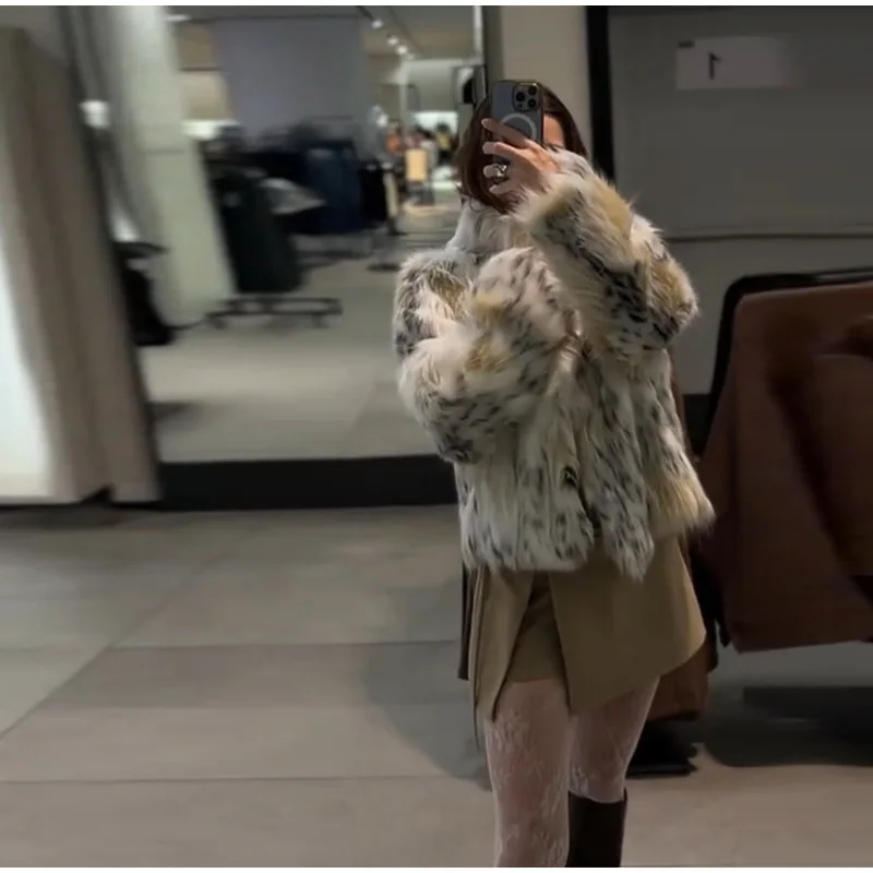 2026 Winter Animal Print Fluffy Faux Fur Coats For Women Chic Thick Warmth Stand Collar Jacket Street Lady Long Sleeve Outerwear