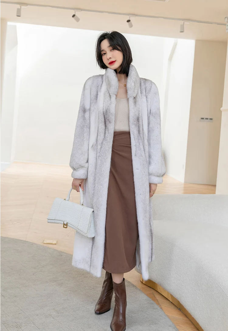 Women's long mink coat winter new fashion stand collar warm fur coat casual large size