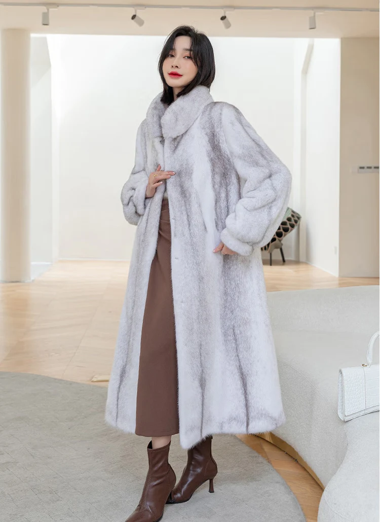 Women's long mink coat winter new fashion stand collar warm fur coat casual large size