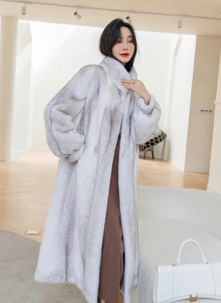 Women's long mink coat winter new fashion stand collar warm fur coat casual large size