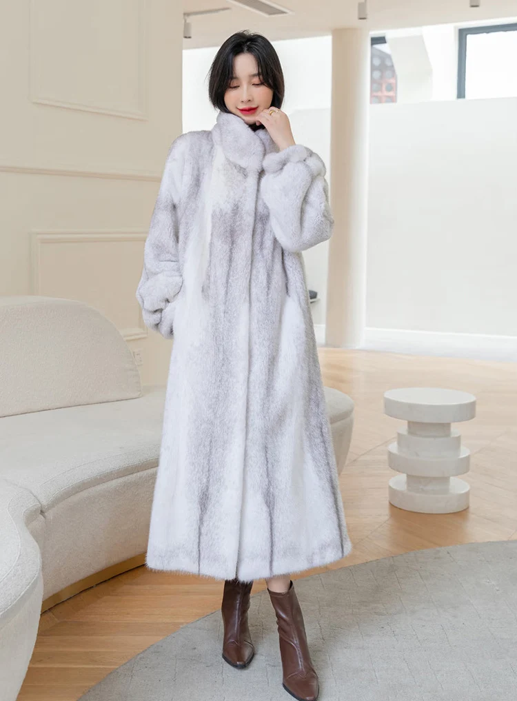 Women's long mink coat winter new fashion stand collar warm fur coat casual large size