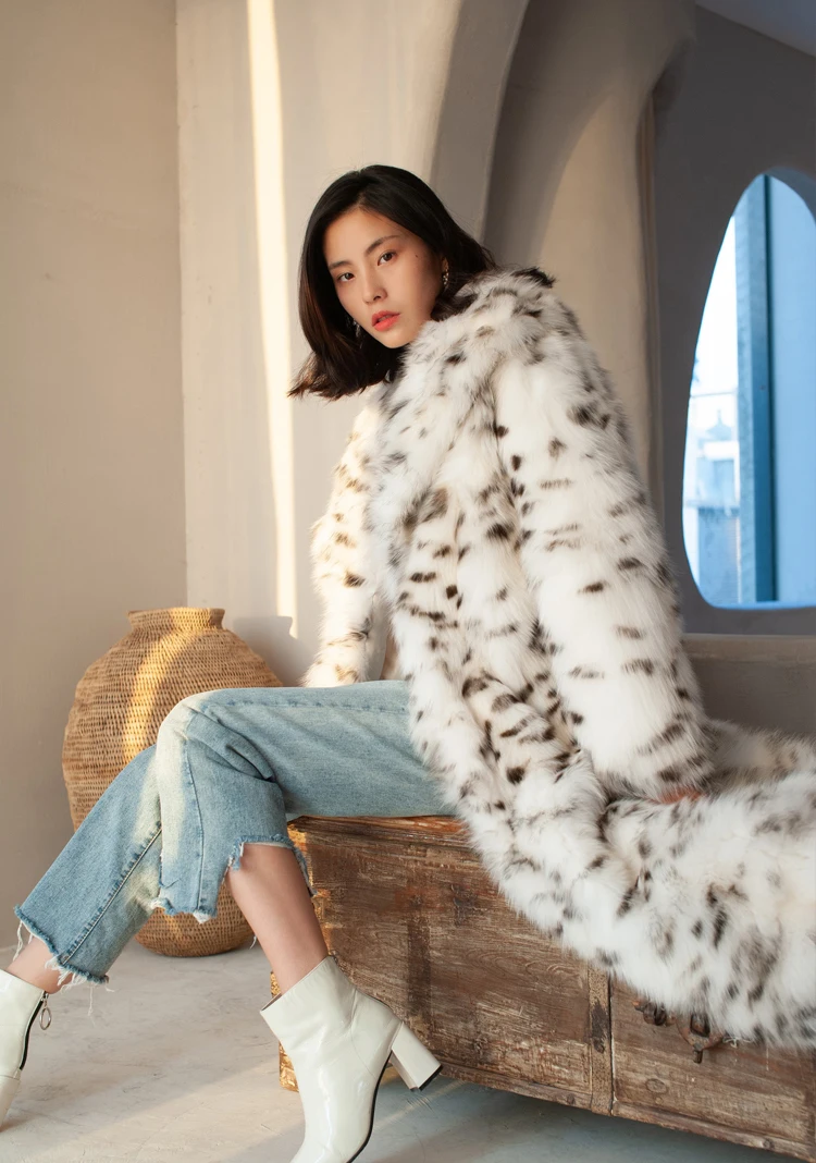 Women's fur coat Imitation fox fur coat black dot leopard print suit long length large size winter warm leather windbreaker