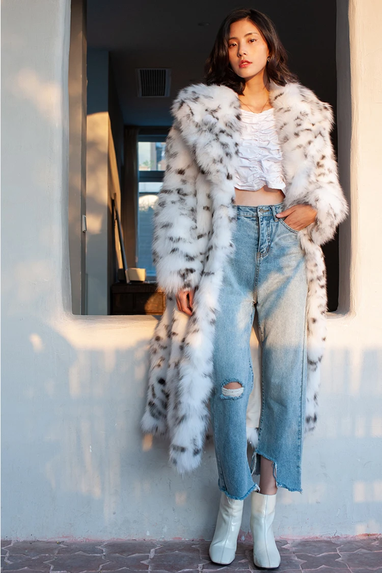 Women's fur coat Imitation fox fur coat black dot leopard print suit long length large size winter warm leather windbreaker