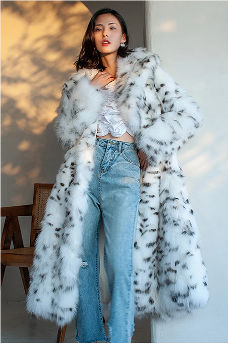 Women's fur coat Imitation fox fur coat black dot leopard print suit long length large size winter warm leather windbreaker