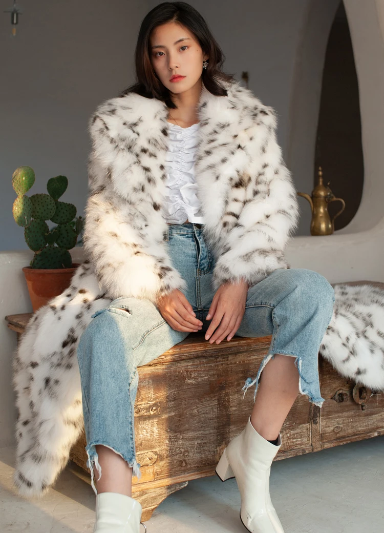 Women's fur coat Imitation fox fur coat black dot leopard print suit long length large size winter warm leather windbreaker