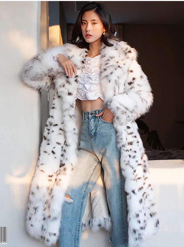 Women's fur coat Imitation fox fur coat black dot leopard print suit long length large size winter warm leather windbreaker