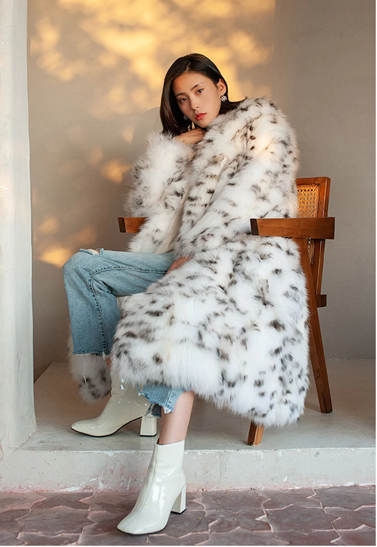 Women's fur coat Imitation fox fur coat black dot leopard print suit long length large size winter warm leather windbreaker