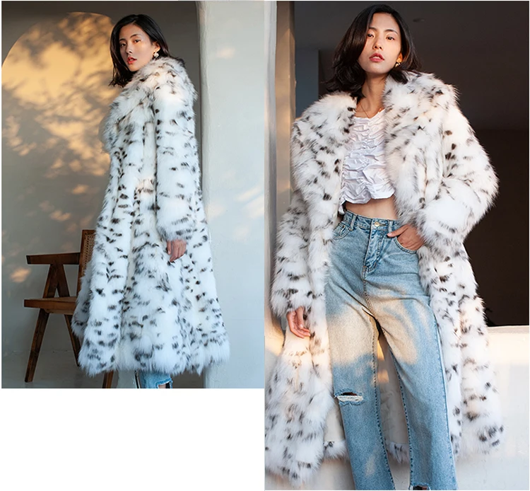 Women's fur coat Imitation fox fur coat black dot leopard print suit long length large size winter warm leather windbreaker