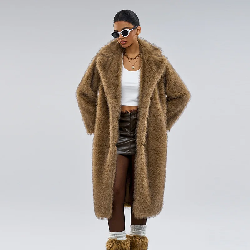 Faux Fur Coat Women Long Coats Thick Warm Turn Down Collar Y2k Streetwear Jacket Elegant Spring Outerwear Autumn Winter Jackets