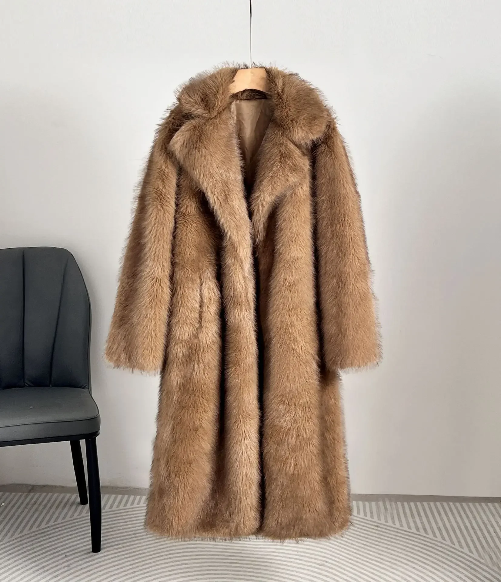 Faux Fur Coat Women Long Coats Thick Warm Turn Down Collar Y2k Streetwear Jacket Elegant Spring Outerwear Autumn Winter Jackets