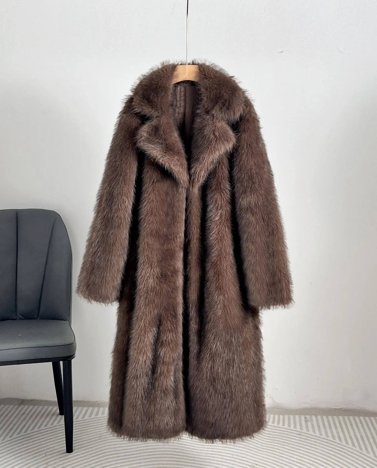 Faux Fur Coat Women Long Coats Thick Warm Turn Down Collar Y2k Streetwear Jacket Elegant Spring Outerwear Autumn Winter Jackets