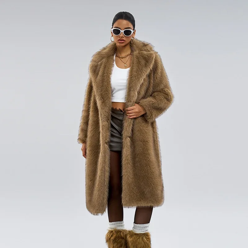 Faux Fur Coat Women Long Coats Thick Warm Turn Down Collar Y2k Streetwear Jacket Elegant Spring Outerwear Autumn Winter Jackets